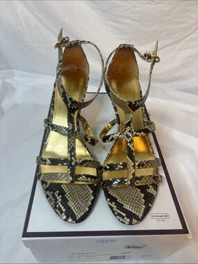 Coach Snake-Print Strappy Sandals in Black and Cream with Gold Insole